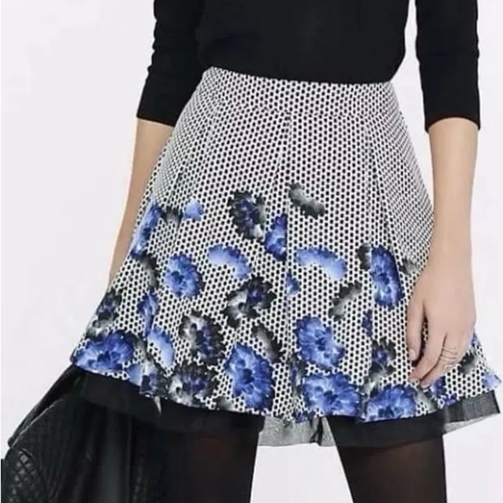 Express Black and White Polka Dot Skirt with Blue Flowers Size 12